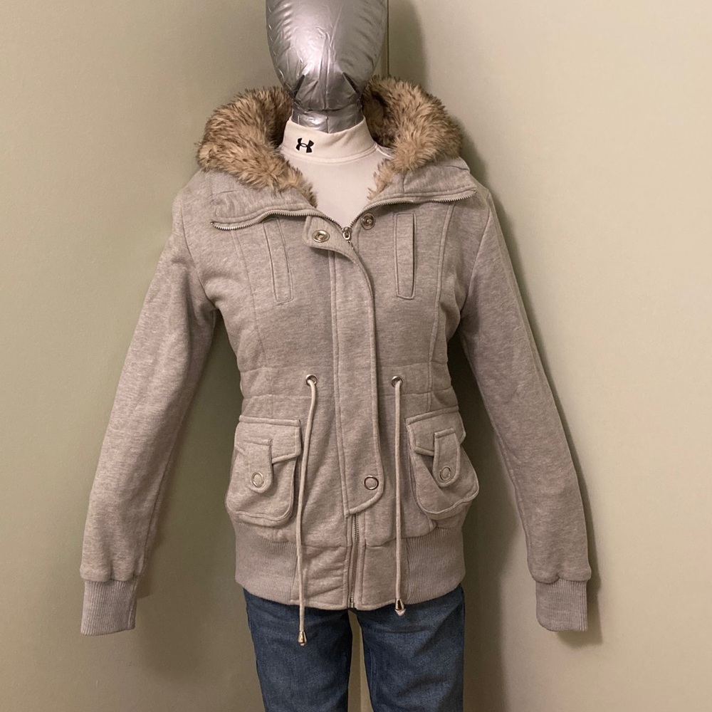 Katie K Women's Gray Hoodie Jacket with Faux Fur Lining and Trim